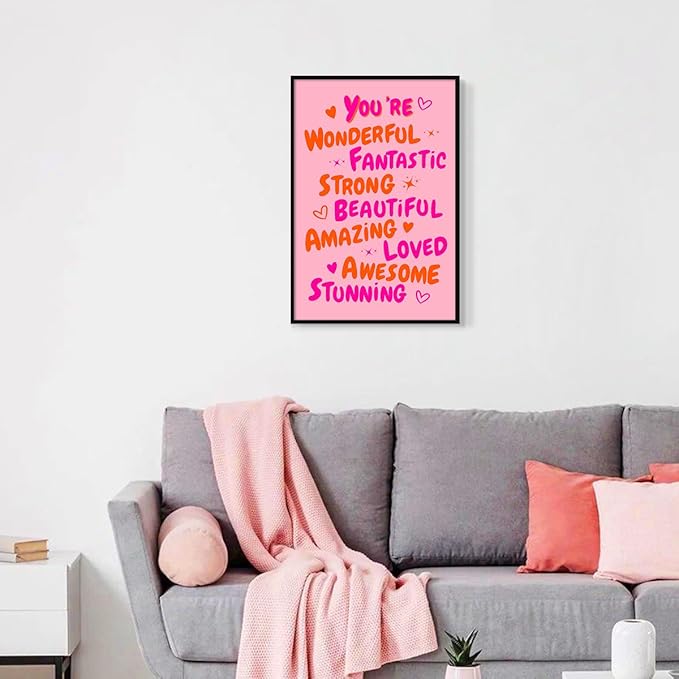 Trendy You Are Amazing You Are Awesome Poster, Funky 70s Pink Orange Aesthetic Canvas Wall Art, Preppy Uplifting Daily Reminder Quotes, Motivational Gifts Picture for Girls 8x12in Framed