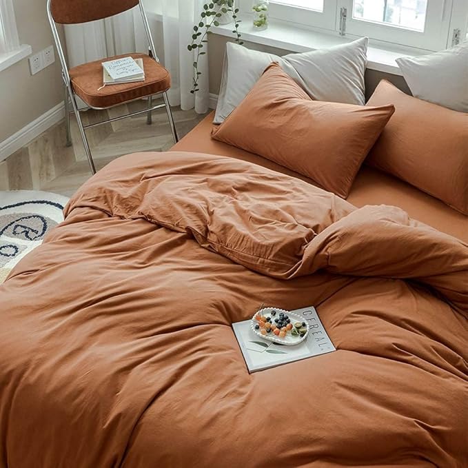 AMWAN Jersey Knit Cotton Duvet Cover Set Solid Pumpkin Color, Luxury Soft Comforter Cover Queen Size 3 Piece Bedding Set 1 Duvet Cover 2 Pillowcases Set