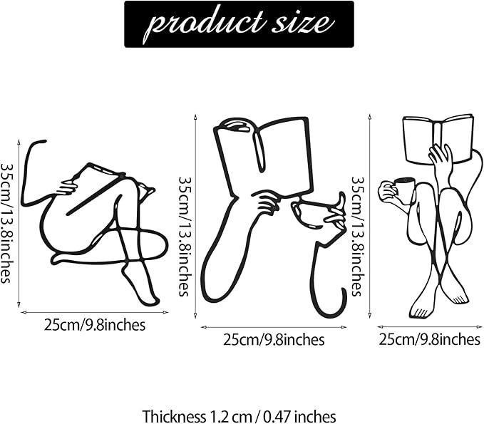 3 Pcs Metal Wall Art Decor Minimalist Abstract Woman Wall Art Metal Modern Line Drawing Decor Female Single Line Home Hanging for Bedroom Kitchen Bathroom Living Room(Book)