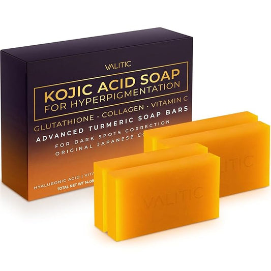 VALITIC Kojic Acid Soap for Hyperpigmentation - with Glutathione, Collagen & Vitamin C - Natural Soap Bars with Turmeric - Original Japanese Complex for Dark Spot Correction - 4 Pack + Holder
