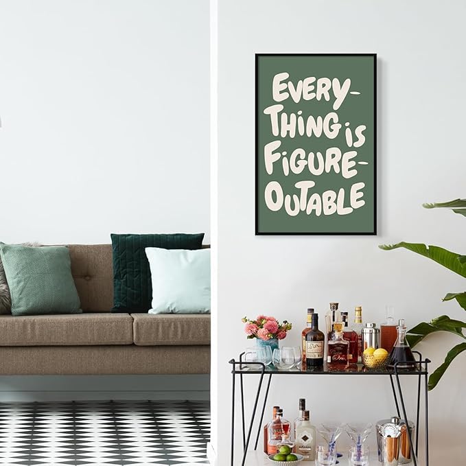Trendy Sage Green Everything Is Figureoutable Wall Art, Office Motivational Quote Poster Wall Decor, Inspirational Positive Affirmations Wall Decor for Classroom Kids Room 12x16in Framed