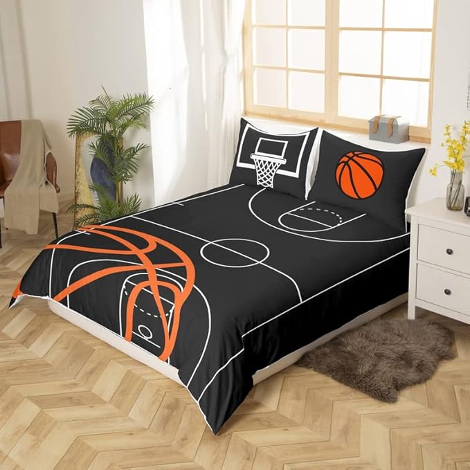 Basketball Court Print Comforter Cover,Ball Sports Games Themed Duvet Cover Set for Girls Teens Bedroom Xmas Gift,Orange Basketball and Hoop Bedding Set with 2 Pillowcases, Full Size (No Comforter)