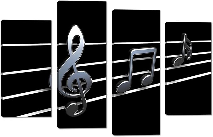 Biuteawal Music Wall Art Modern Musical Note Canvas Prints 4 Panels Stretched and Framed Black White Notes Beating on Staff Picture Decor Artwork for Party Home Living Room Bedroom Ready to Hang