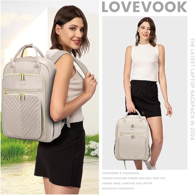 LOVEVOOK Laptop Backpack for Women, Water Resistant Travel Work Backpacks Purse Stylish Business Teacher Nurse Computer Bag with USB Charging Port,Pink Gray