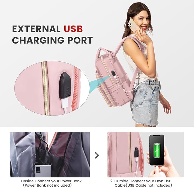 LOVEVOOK Laptop Backpack for Women, Water Resistant Travel Work Backpacks Purse Stylish Business Teacher Nurse Computer Bag with USB Charging Port,Pink