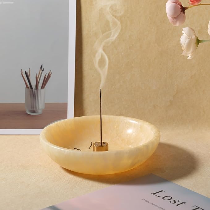 Koville Natural Onyx Incense Holder, Incense Holder for Sticks with 9 Holes, Handmade Incense Burner Ash Catcher for Meditation Yoga SPA, Balsam Fir/Palo Santo/Sage/Cone Incense Bowl(Orange)