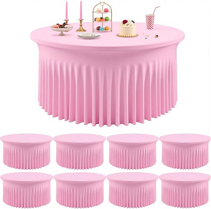 Outpain 8 Pack Spandex Pink Round Tablecloths for 60in Tables, 120Inch Stretchy Fitted 5FT Round Table Clothes,Wrinkle Free Table Cover with Skirt for Wedding Party Dining Banquet
