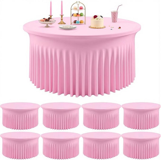 Outpain 8 Pack Spandex Pink Round Tablecloths for 60in Tables, 120Inch Stretchy Fitted 5FT Round Table Clothes,Wrinkle Free Table Cover with Skirt for Wedding Party Dining Banquet