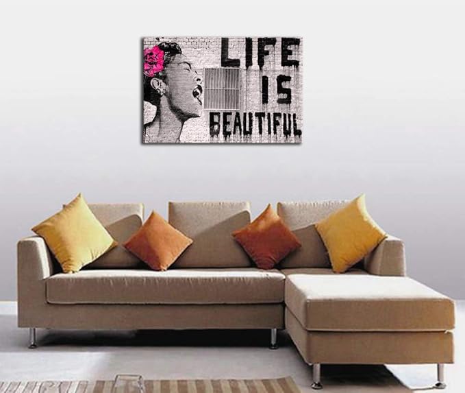 Wieco Art Banksy Life is Beautiful Modern Gallery Wrapped Grey Love Abstract Artwork Paintings Pictures Large Giclee Canvas Prints Wall Art Ready to Hang for Living Room Home Office Decor