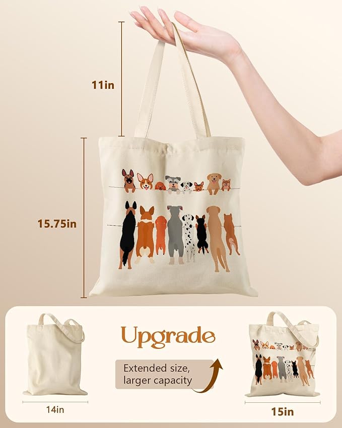 Canvas Tote Bag for Women – Aesthetic Canvas Bag with Zipper Cute Stylish Reusable Shoulder Totes for Shopping Work Daily Vacation, Multi Puppies