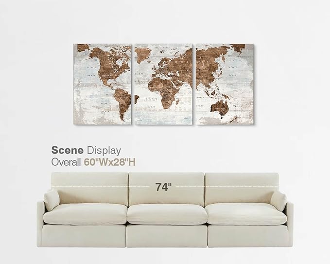 Office Wall Art Canvas World Map Motivational Wall Decor Living Room Vintage Pictures for Dining Room Home Man Global Artwork 60" X 28"