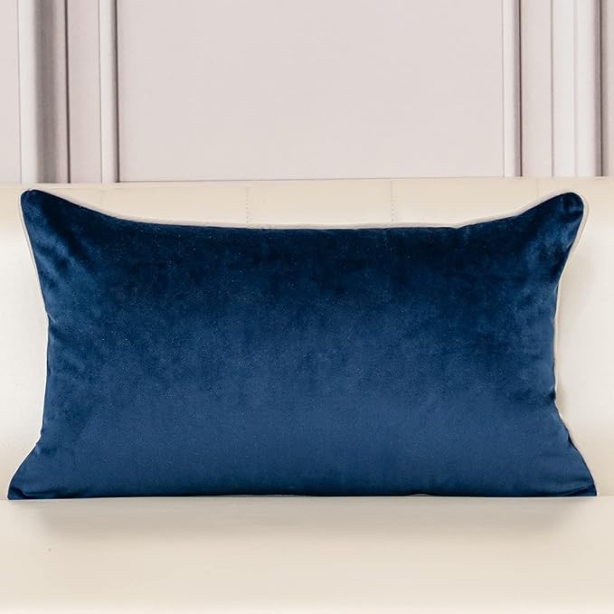 Aeckself European Floral Pillow Cover 12x20 Inch, Luxury Velvet Embroidered Decorative Lumbar Throw Pillow Cover for Couch Bedroom Living Room, Navy Blue and White