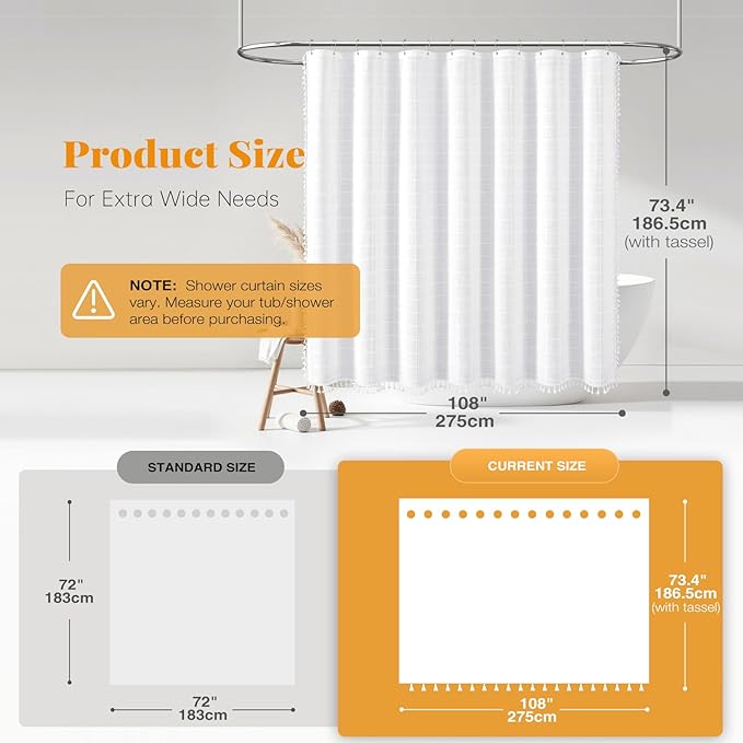 BTTN Extra Wide Shower Curtain - 108x72 Inch Boho Farmhouse Fabric Weighted Linen Shower Curtain Set with 18 Hooks, Large Country Hotel Neutral Waterproof Cloth Shower Curtains for Bathroom, White
