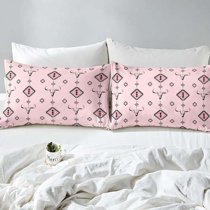 Castle Fairy Tribal Geometry Duvet Cover Full Size,Western Farmhouse Native Ethnic 3 Pcs Quilt Cover(No Filler),Cowgirl Pink Bedding Set with 2 Pillowcases,Southwest Tribal Aztec Kids Room Decor