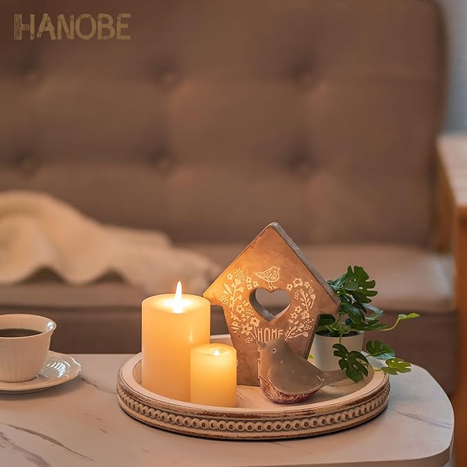 Hanobe Candle Tray Holder Decorative: Round Coffee Table Home Decor Centerpiece Boho White Serving Trays for Living Room Kitchen