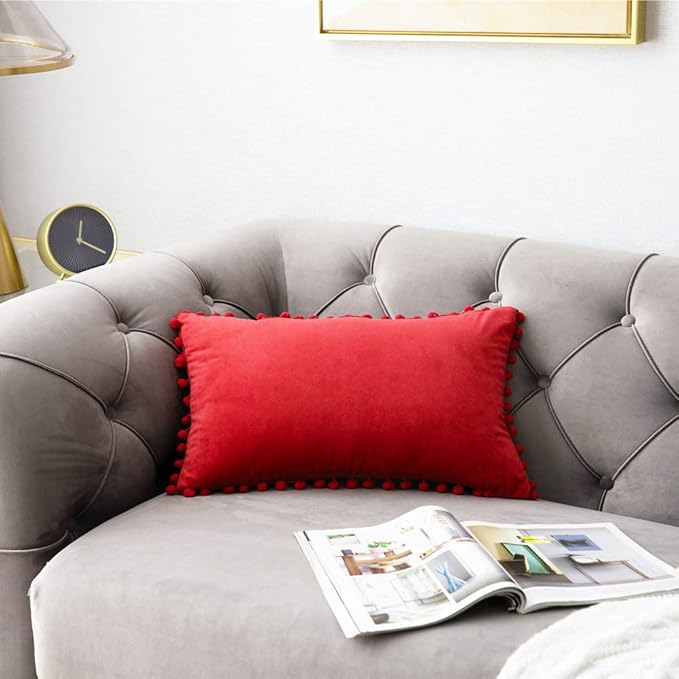 DEZENE Throw Pillow Covers 12x20 Red: 2 Pack Cozy Soft Pom-poms Velvet Rectangular Decorative Pillow Cases for Farmhouse Home Decor