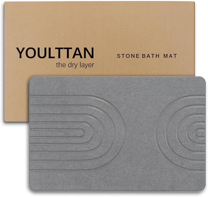 Stone Bath Mat 24"x16" - Diatomaceous Earth Shower Mat, Quick Dry, Anti-Slip, Modern Design with Bonus Non-Slip Pad - Perfect for Home Safety and Style, (Gray,Semicircle)