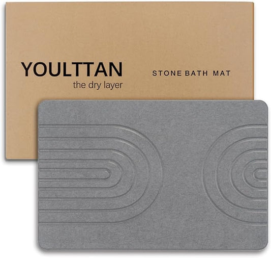 Stone Bath Mat 24"x16" - Diatomaceous Earth Shower Mat, Quick Dry, Anti-Slip, Modern Design with Bonus Non-Slip Pad - Perfect for Home Safety and Style, (Gray,Semicircle)