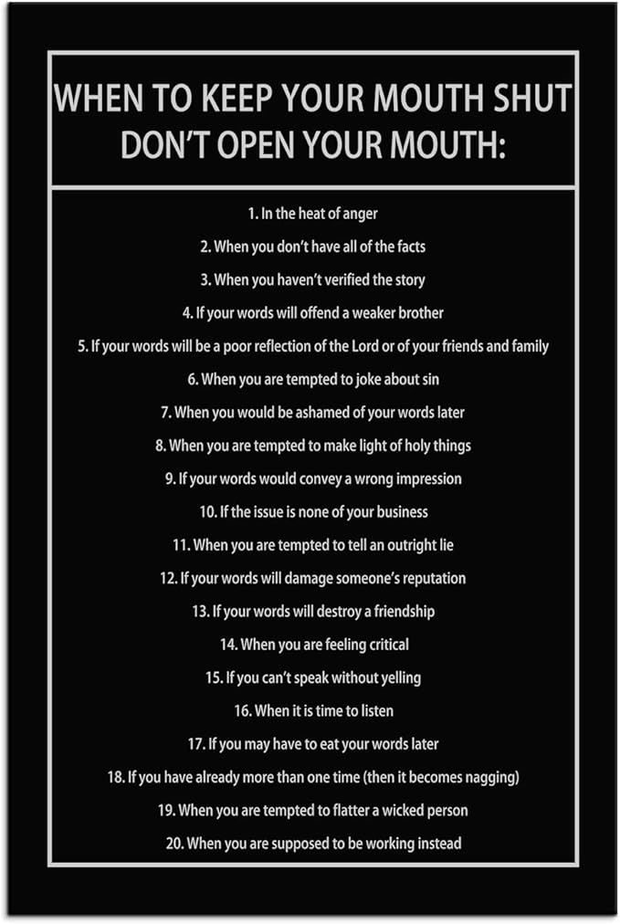 Inspirational Canvas Wall Art When to Keep Your Mouth Shut Don't Open Your Mouth Life Motivational Poster Life Learning Quote Picture Home Office Decor Painting Framed and Stretched[24''W x 36''H]