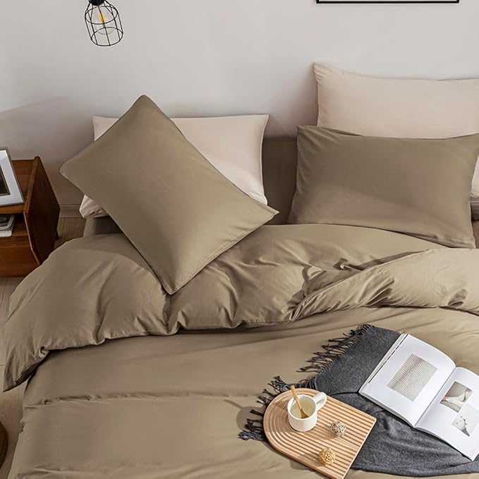 JELLYMONI Khaki Bedding Duvet Cover Set - 100% Washed Cotton Linen Like Textured California King Comforter Cover, 3 Pieces Soft Bedding Set with Zipper Closure (Khaki, Cal King 104"x98")