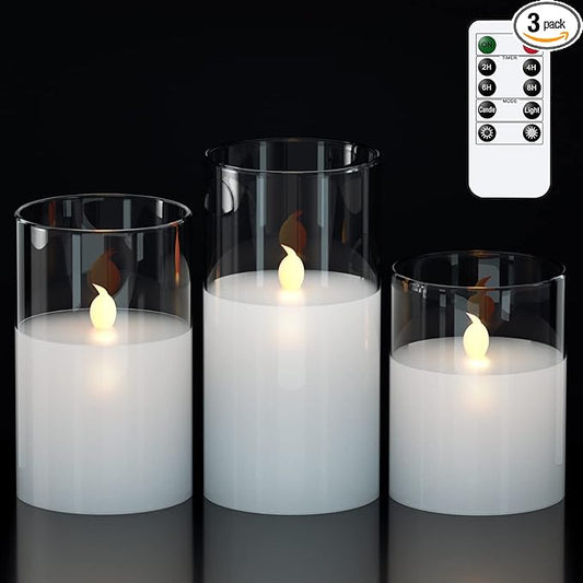 GenSwin Clear Glass Battery Operated Flameless Led Candles with 10-Key Remote and Timer, Real Wax Candles Warm White Flickering Light for Home Decoration(Set of 3)
