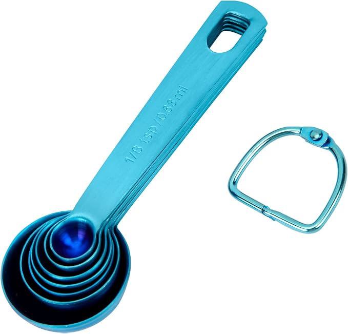 Measuring Spoons, SUS304 Stainless Steel Measuring Cups Set of 7 Piece： 1Tbsp&1/2Tbsp,1tsp,3/4tsp,1/2tsp,1/4tsp,1/8tsp Teaspoon Coffee Scoop Tablespoon for Dry and Liquid Ingredients, Blue