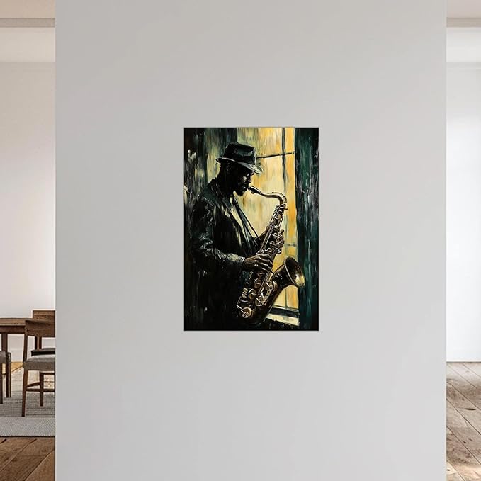 SWQYLB Black Music Wall Art Abstract Jazz Wall Decor African American Painting Canvas Musical Instruments Pictures Classroom Music Men Room Decor Framed (Yellow, (24.00" x 36.00"))