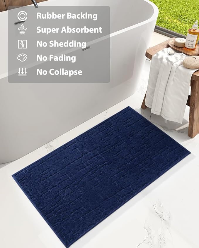 AMOAMI-Bath Mat-Absorbent Quick Dry Bathroom Floor Mats-Washable Rubber Backing Bath Mats for Bathroom Rugs Fit Under Door-Bath Rug for in Front of Sink Bathtub Shower Room, Navy 17''x24''