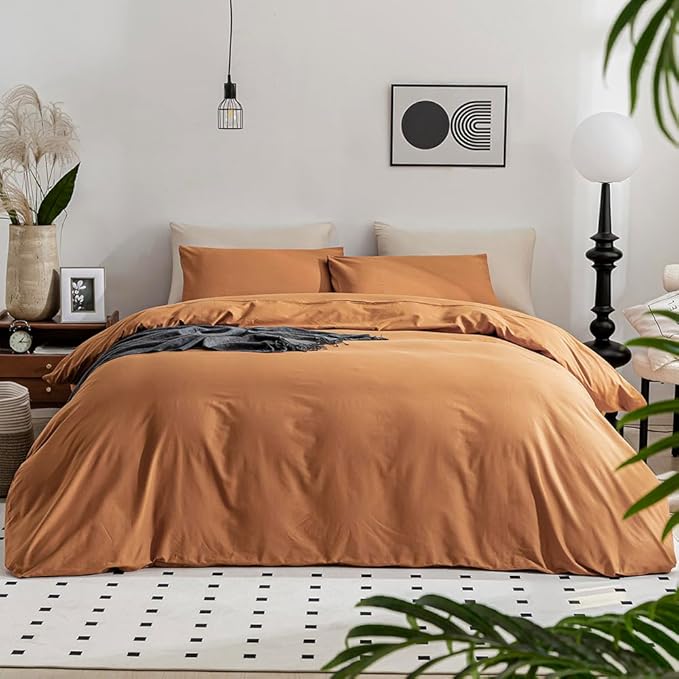 JELLYMONI Burnt Orange Bedding Duvet Cover Set - 100% Washed Cotton Linen Like Textured California King Comforter Cover, 3 Pieces Soft Bedding Set with Zipper Closure