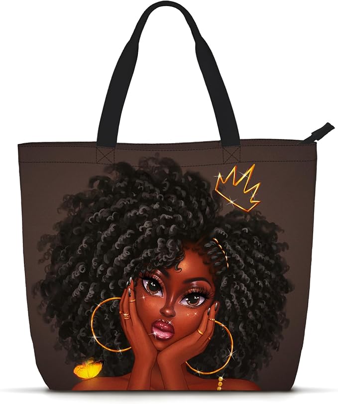 African American Women Tote Bag Black Shoulder Handbag For Women Fit Work Beach Labtops With Zip