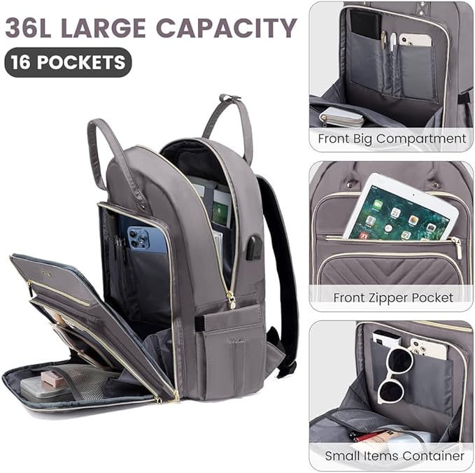 LOVEVOOK Laptop Backpack for Women, Water Resistant Travel Work Backpacks Purse Stylish Business Teacher Nurse Computer Bag with USB Charging Port,Purple Gray