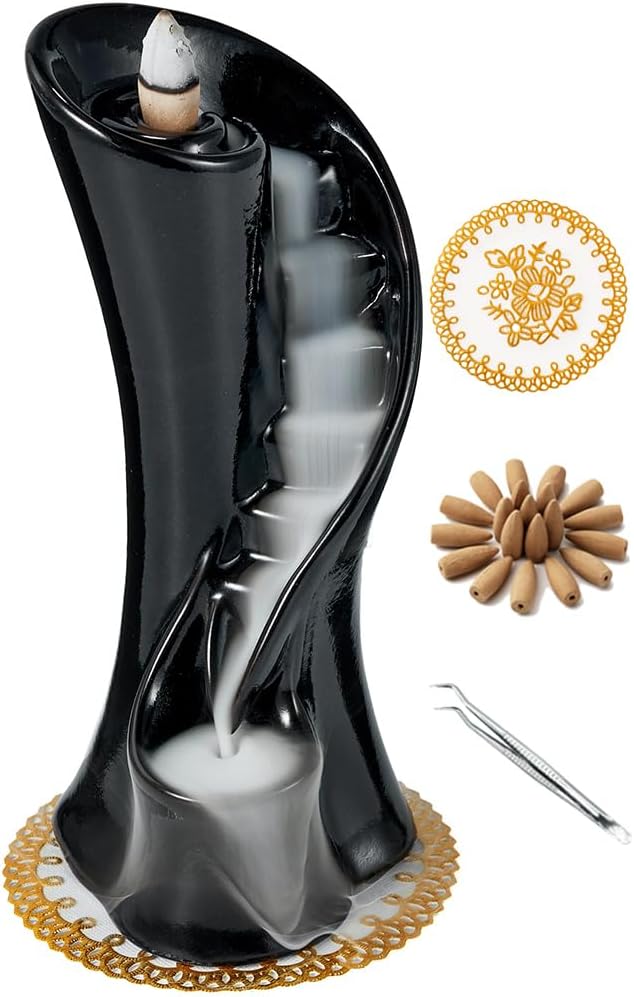 Unique Cloud Stairs Ceramic Waterfall Incense Holder, Paired with a Pack of Backflow Incense Cones. (Black)