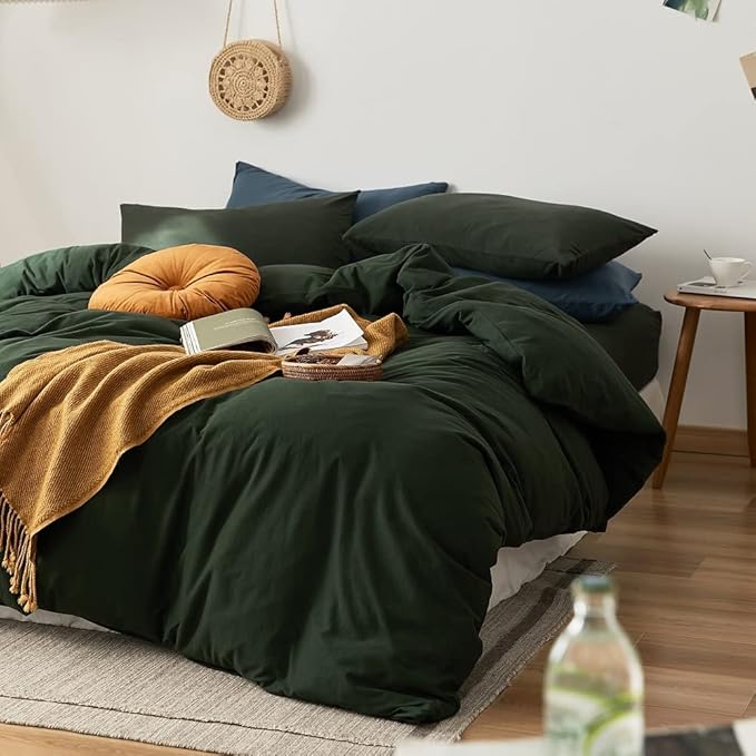AMWAN Dark Green Duvet Cover 100% Jersey Knit Cotton Duvet Cover Queen Olive Green Comforter Cover Luxury Soft T Shirt Cotton Bedding Set Simple Style Solid Green Bedding Quilt Cover