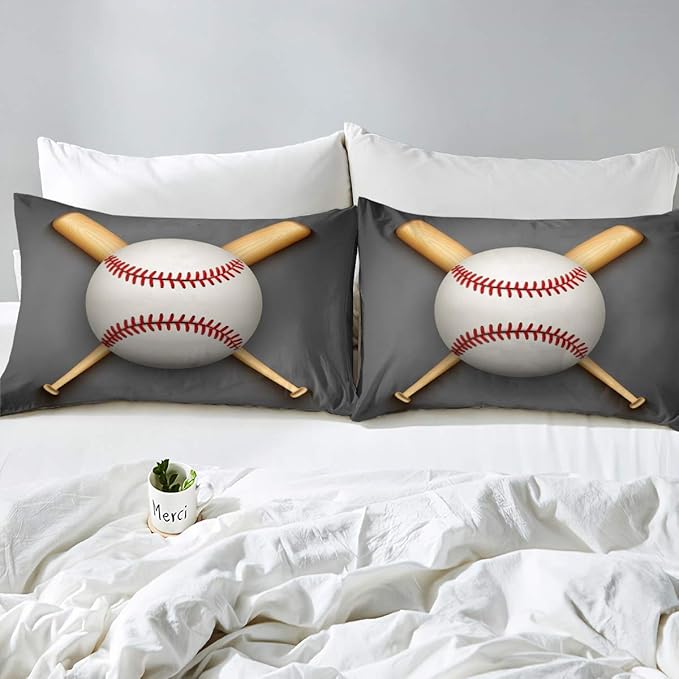 Feelyou Sports Baseball Bedding Set 3D Baseball Bat Printed Duvet Cover Comforter Lightweight Sports Bedspread King Gray