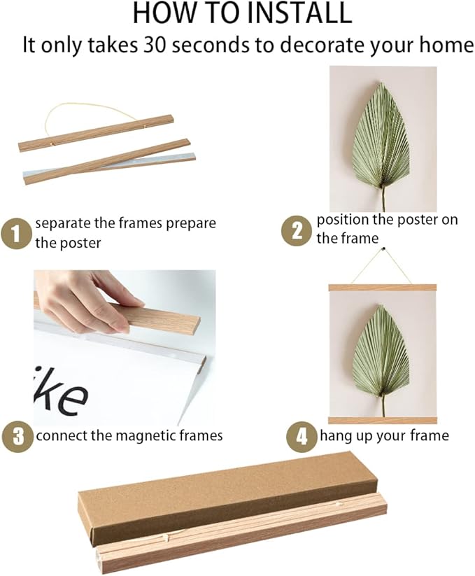 3 Pack Magnetic Poster Hanger Pine Color, 12x18 12x16 12x24 Poster Frame Wood Wooden Magnet Print Posters Dowel Scroll Hanger Hangers Hanging Kit for Walls Map Canvas Artwork, DIY Canvas