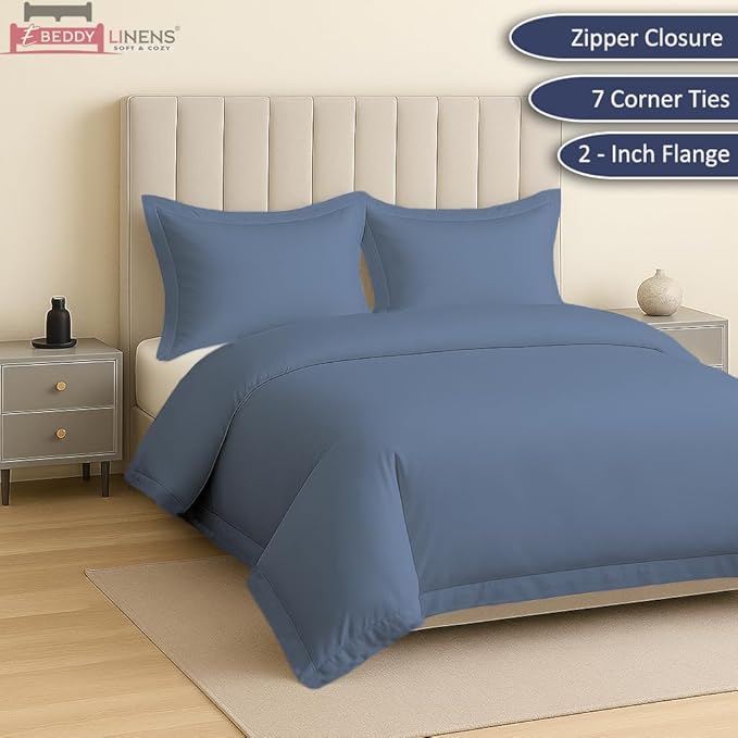 eBeddy Linens Lake Blue Solid Duvet Cover Set King XL 116x98 Size 800 TC Certified Egyptian Cotton Luxury Soft & Breathable Comforter Cover and 2 Pillow Sham with Zipper Closer & Corner Ties