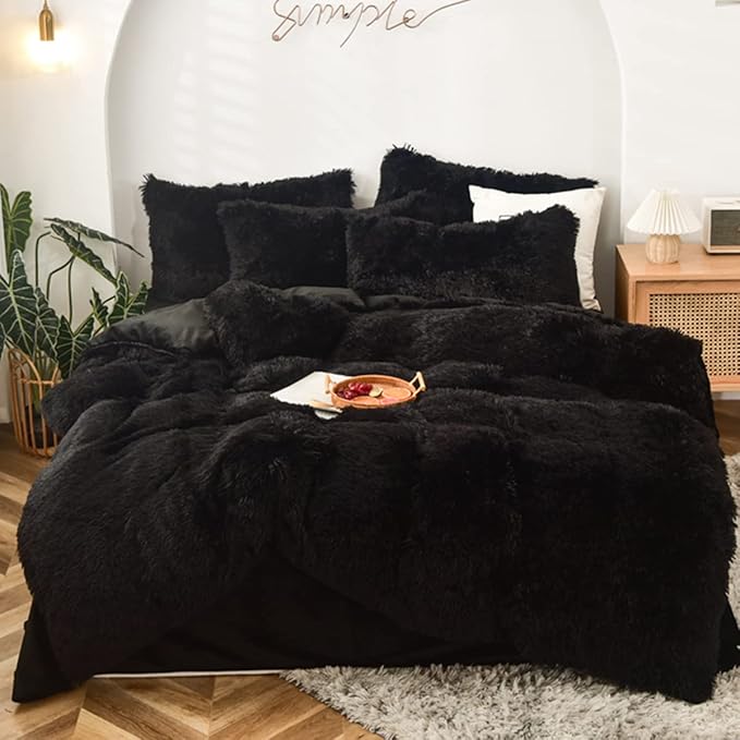 MorroMorn 5 PCS Shaggy Duvet Cover Bedding Set - Fluffy Comforter Cover Long Faux Fur Luxury Ultra Soft Cozy (Black, Full/Queen)