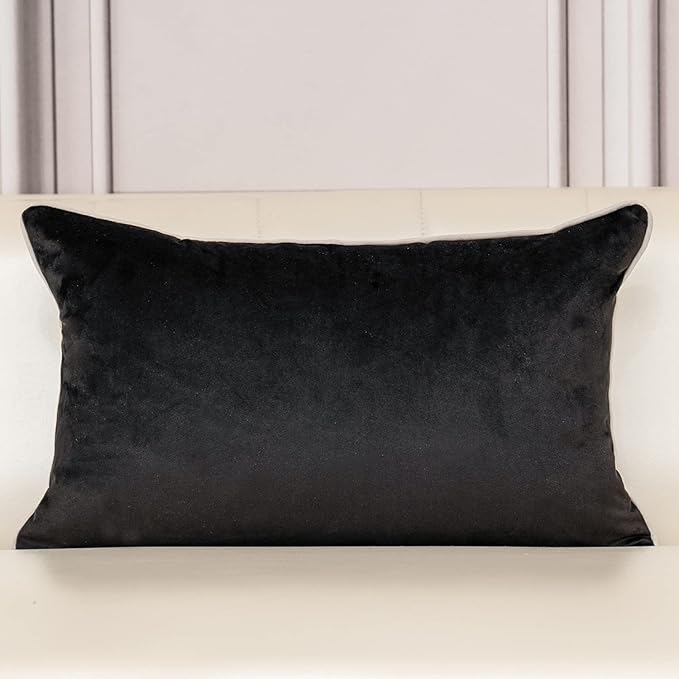 Aeckself European Floral Pillow Cover 12x20 Inch, Luxury Velvet Embroidered Lumbar Pillow Case for Sofa Bedroom Living Room White Black