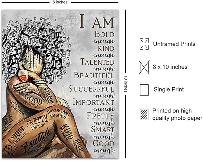 Black Wall Art & Decor - African American Women Woman Girls - Afro Girl - Inspirational Gifts - Positive Quotes - Positive Affirmations - Motivational Posters - Bedroom, Living Room, Home Office