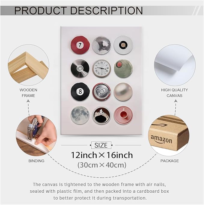 Trendy Retro Disco Wall Art - Vintage Lucky 8 Ball Poster - Funky Music Record Wall Decor - 12x16 inch Framed Unique 7 Ball Canvas Prints - Preppy Aesthetic Painting