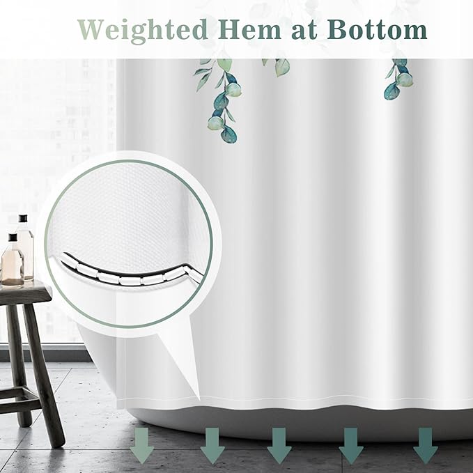 Aimego Sage Green Eucalyptus Shower Curtain-Spring Summer Watercolor Plant Leaves Nature Botanical Bathroom Decor Fabric Cloth Bath Shower Curtain Set with 12 Hooks, 72"x72", White