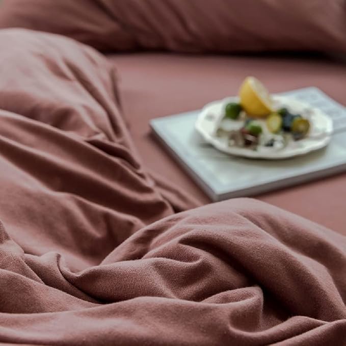 AMWAN Brick Red Duvet Cover King Knitted Cotton Solid Color Bedding Set Simple Style Jersey Knit Cotton Comforter Cover Solid Brick Red Bedding Collection 1 Duvet Cover with 2 Pillowcases King