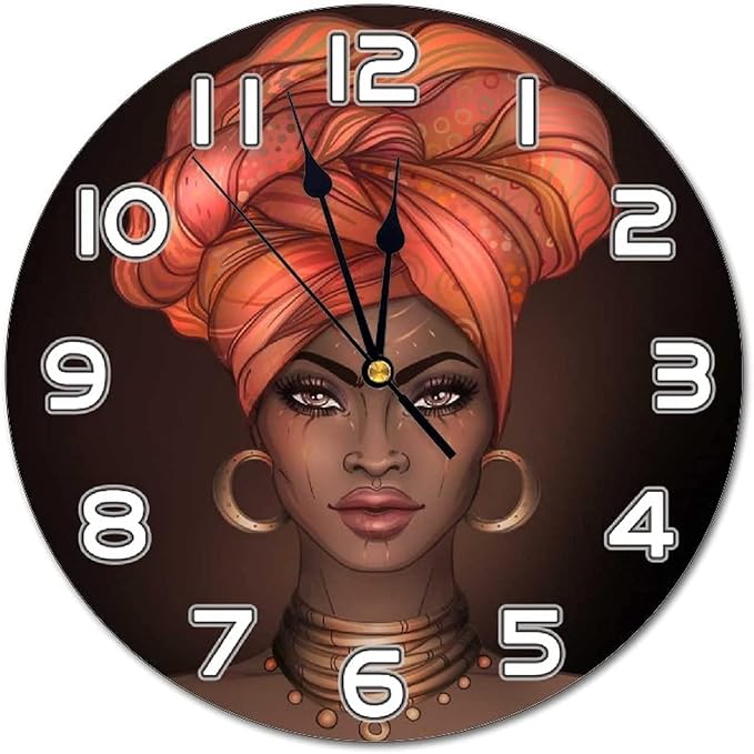 African American Woman Black Girl Wall Clock Battery Operated Silent Round Clock Wall Decor for Home Office School, 12 Inch
