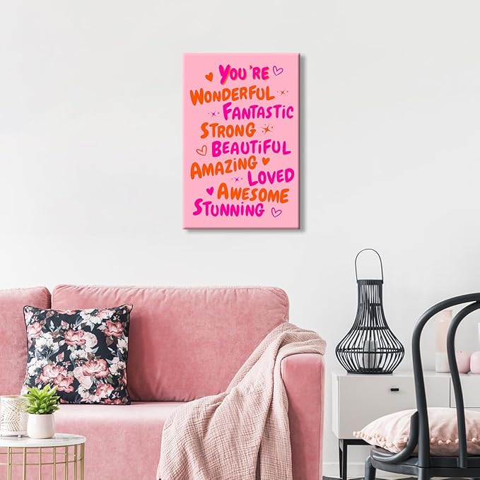 Trendy You Are Amazing You Are Awesome Poster, Funky 70s Pink Orange Aesthetic Canvas Wall Art, Preppy Uplifting Daily Reminder Quotes, Motivational Gifts Picture for Girls 16x24in Wrapped Canvas