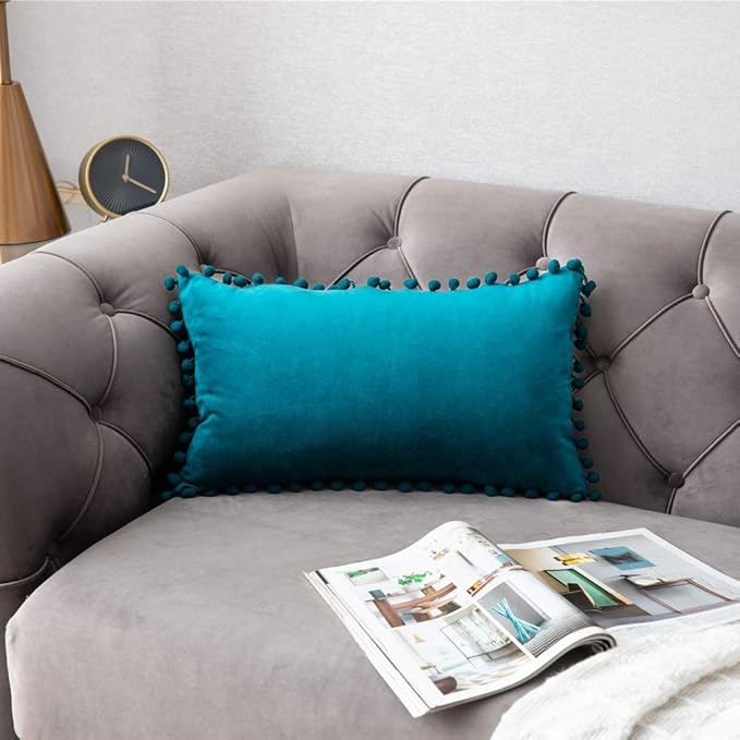 DEZENE Throw Pillow Cases 12x20 Turquoise: 2 Pack Cozy Soft Pom-poms Velvet Rectangular Decorative Pillow Covers for Farmhouse Home Decor