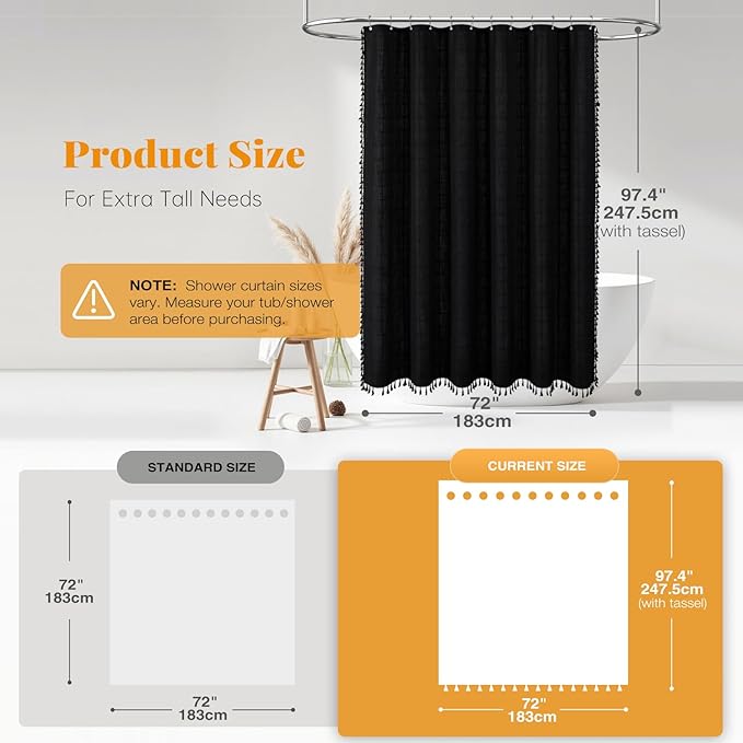 BTTN Extra Long Shower Curtain - 72x96 Inch Long Boho Chic Linen Fabric Heavy Duty Shower Curtain Set with Hooks, Tall Bohemian Farmhouse Luxury Tassel Cloth Shower Curtains for Bathroom - Black