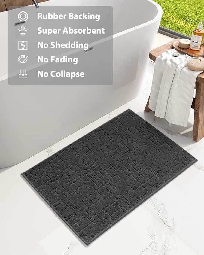 AMOAMI-Bath Mat-Absorbent Quick Dry Bathroom Floor Mats-Washable Rubber Backing Bath Mats for Bathroom Rugs Fit Under Door-Bath Rug for in Front of Sink Bathtub Shower Room, Dark Grey 17''x24''