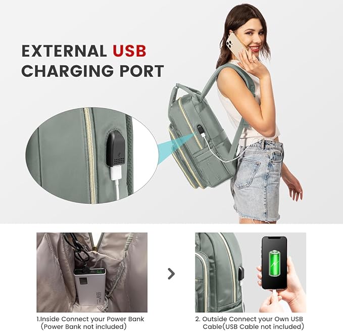 LOVEVOOK Laptop Backpack for Women, Water Resistant Travel Work Backpacks Purse Stylish Business Teacher Nurse Computer Bag with USB Charging Port,Gray-Green