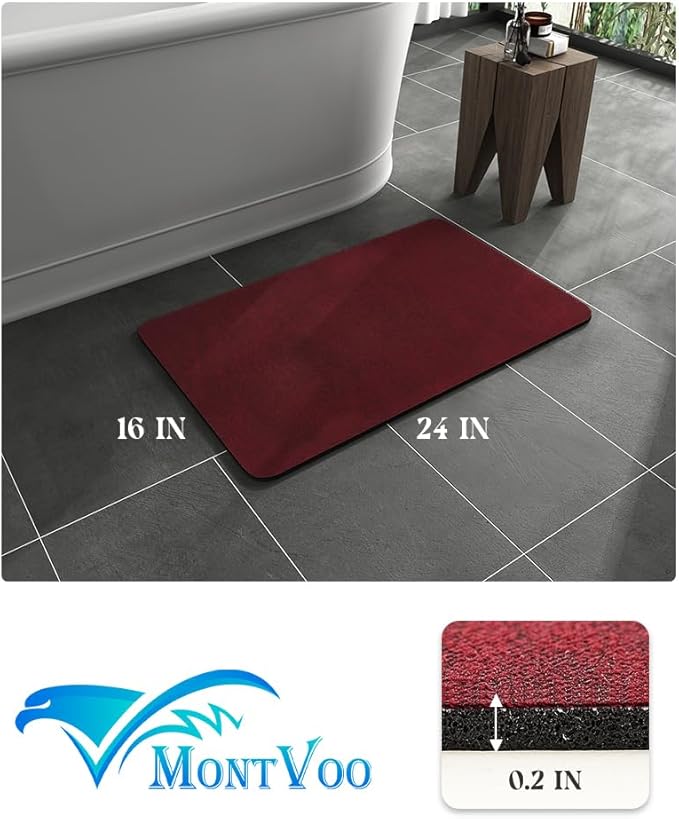 MontVoo -Bath Mat Rug-Rubber Backing Non Slip Quick Dry Absorbent Thin Bathroom Rugs Fit Under Door-Faux Suede Surface Bathroom Floor Mats-Shower Rug for in Front of Bathtub Shower Burgundy 16x24 Red