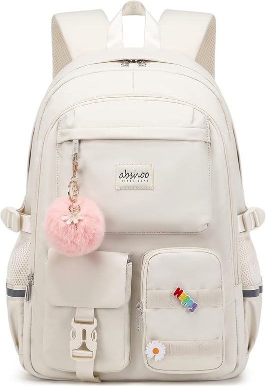 abshoo Big Student Laptop Backpack For College Women Middle High School Teen Girls Bookbag Travel Daypack (Beige)